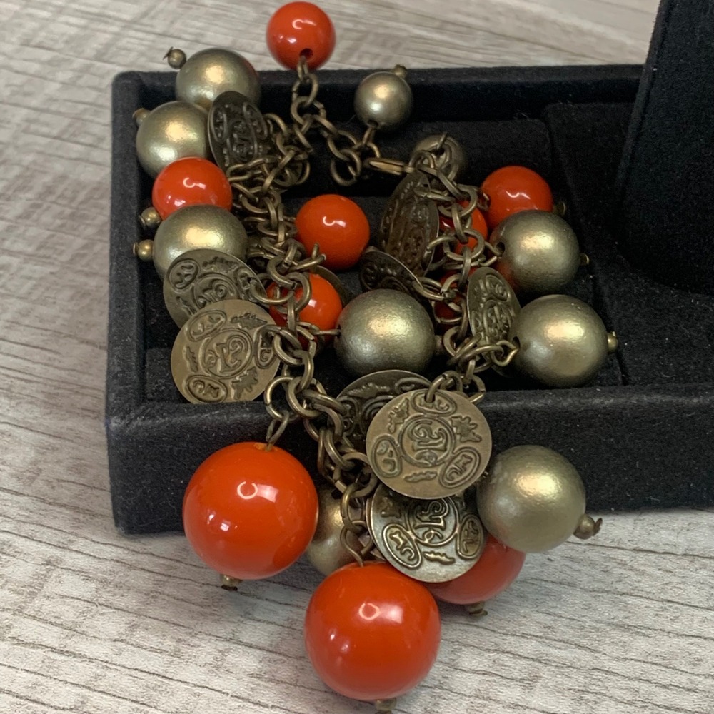 Boho Orange and Gold Tone Bead Coin Charm Bracelet Antique Brass Finish